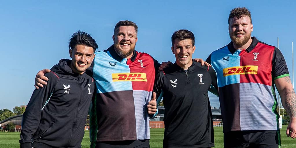 the stoltman brothers and two rugby harlequins players smiling