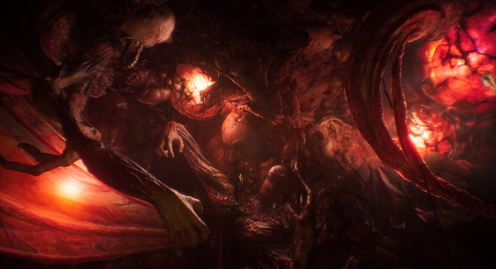 A screenshot from Still Wakes the Deep. A mysterious, gory entity.