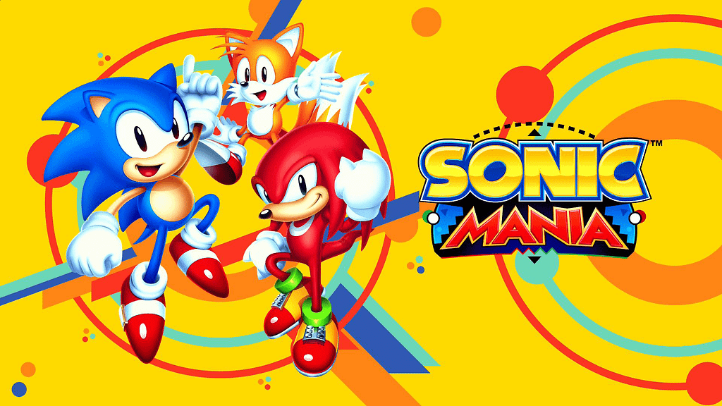 A vibrant background with Sonic, Tails and Knuckles in an action pose. The text reads SONIC MANIA