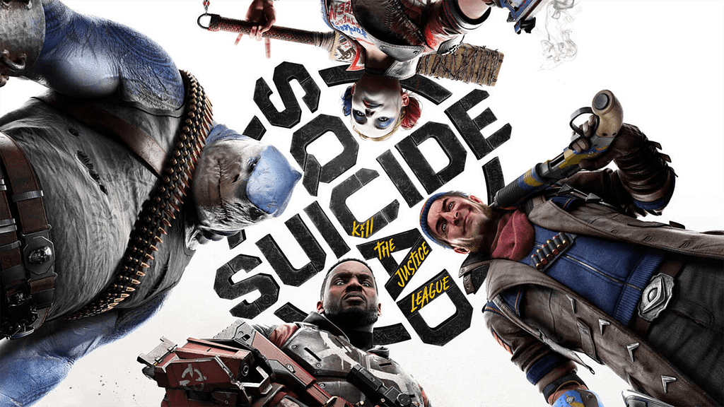 The key art for Suicide Squad: Kill the Justice League. Features the title text in a cross, and King Shark, Harley Quinn, Boomerang and DeadShot all looking down into the camera.