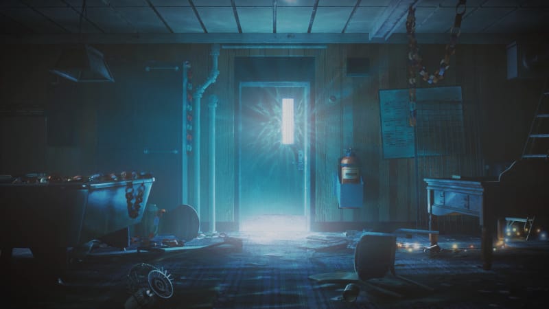 Through a door, a mysterious light shines through.
